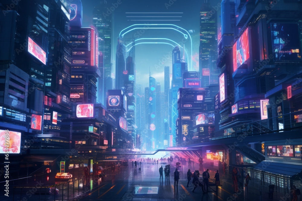 A futuristic cyberpunk city with neon lights and holographic billboards, depicting a dystopian metropolis.