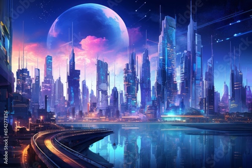 A futuristic cyberpunk city with neon lights and holographic billboards  depicting a dystopian metropolis.