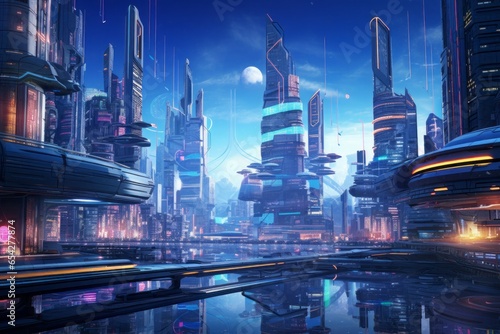 A futuristic cyberpunk city with neon lights and holographic billboards, depicting a dystopian metropolis.