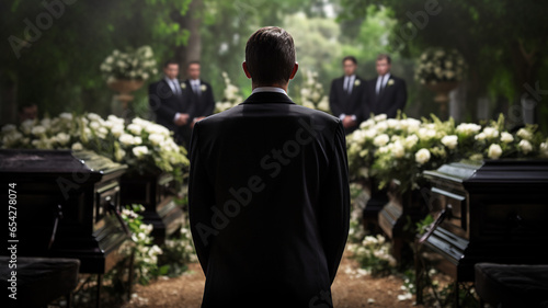 Young handsome man at the funeral ceremony in church building from the back, copy space banner decorated with flowers, bouquets. 