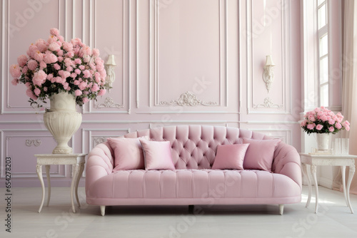 An Elegant and Cozy Living Room Interior with Plush Furniture  Chic Decor  and Delicate Pink Color Scheme  Creating a Stylish and Relaxing Ambiance with Spaciousness  Natural Light