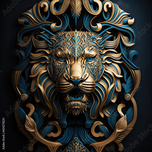 Intricate Ancestry: Blue and Gold Mayan Lion Art, Elegantly Contrasted on Black