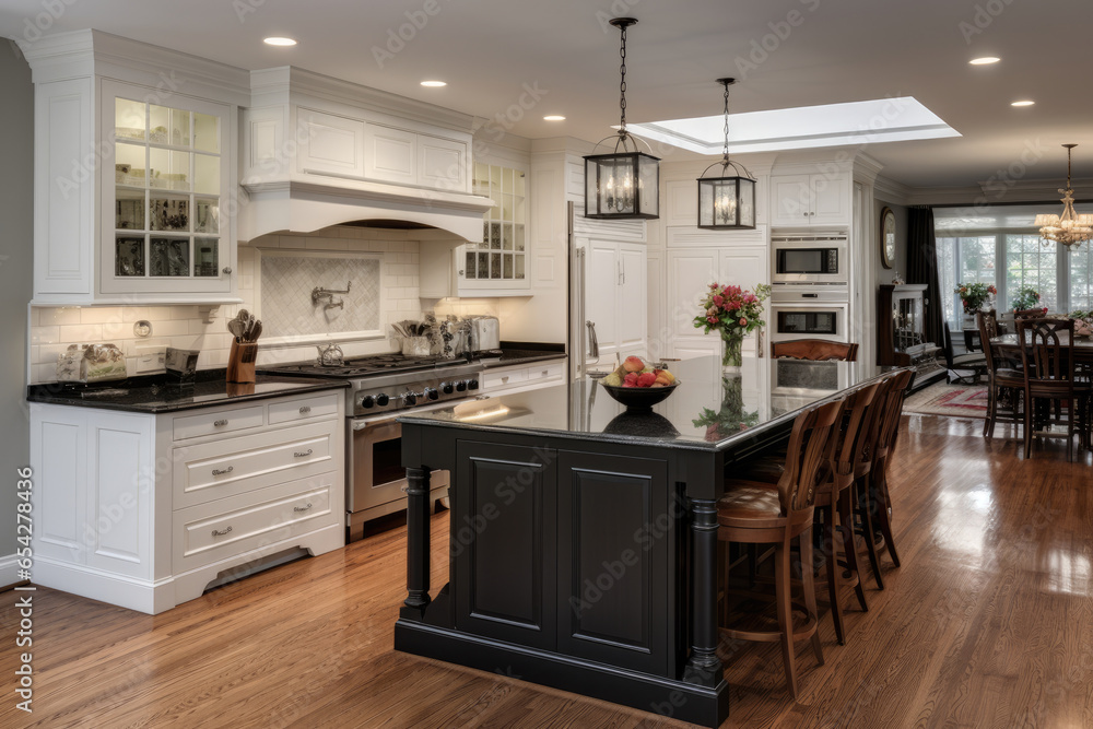 A Spacious and Warm Colonial Kitchen with Modern Touches: Timeless Interior Design featuring Functional Cabinetry, Elegant Pendant Lighting, and Family-Friendly Farmhouse Sink.