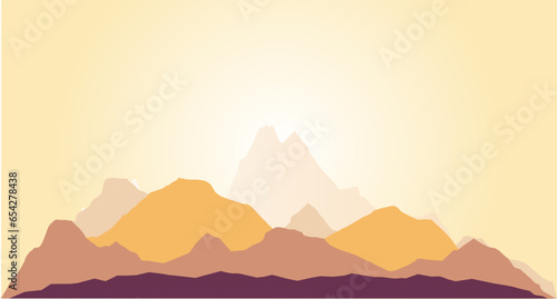 Rocky terrain natural landscape for scenery. Mountains and rising sun  sunset. Wild mountains and alpine peaks. Camping and hiking vector illustration. For business cards  postcards  covers
