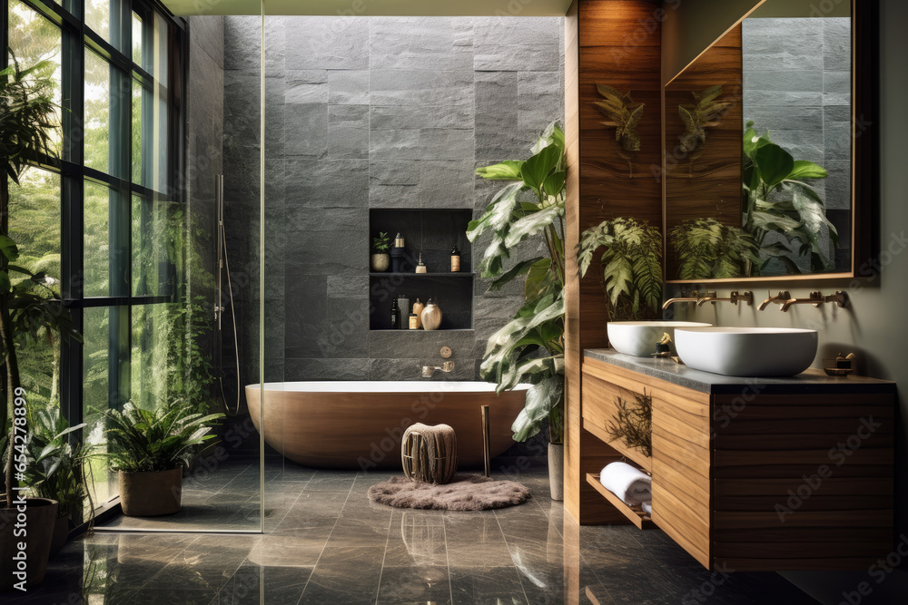 A Serene and Organic Nature-Inspired Bathroom: Harmonious Wood Accents, Greenery, and Contemporary Minimalist Decor for a Modern, Fresh, and Eco-friendly Spa-like Tranquility and Wellness Experience.