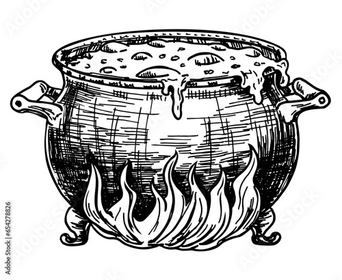 Boiling witch s cauldron sketch. Witchcraft item ink sketch isolated on white. Halloween hand drawn vector illustration in retro style. Isolated on white background