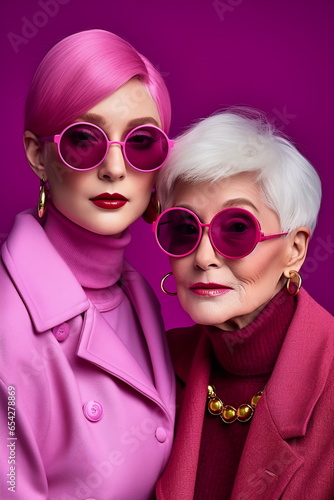 Two middle age women dressed in pink and wearing sunglasses. In the style of vibrant and textured. Candid moments captured © Canvas Alchemy