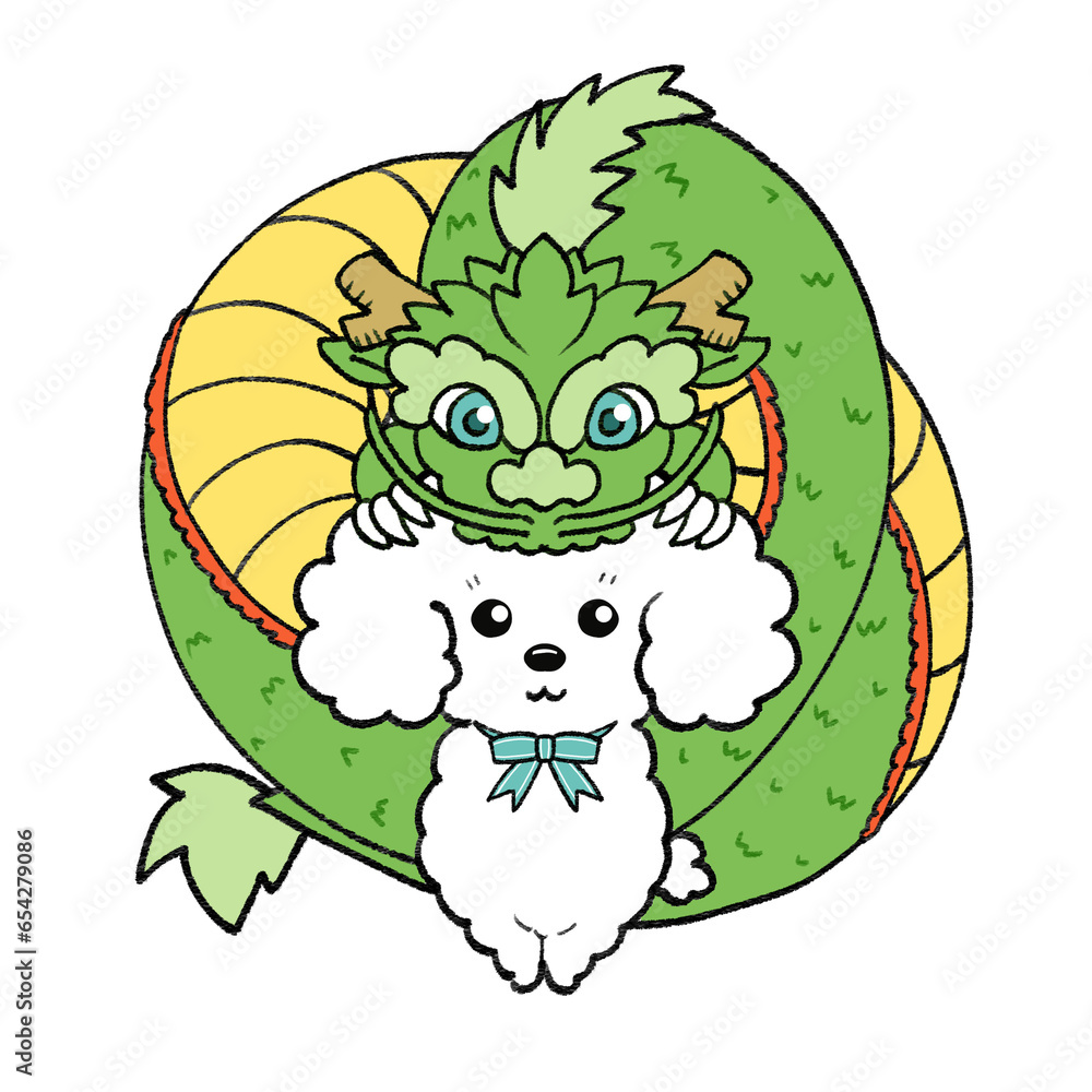 Obraz premium 緑の龍と白いトイプードルの年賀状素材