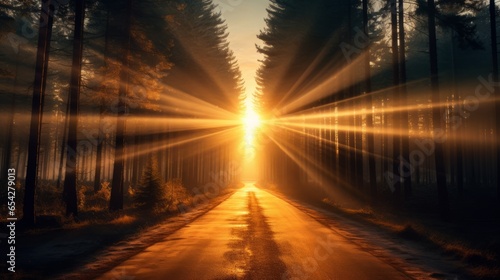 Sunbeams shine through the trees onto an empty road in a pine forest. Generative AI