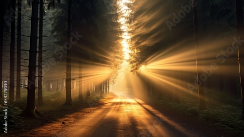 Sunbeams shine through the trees onto an empty road in a pine forest. Generative AI © AIExplosion