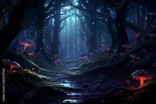 A dark and mysterious forest with glowing mushrooms and eerie creatures lurking in the shadows. 