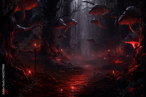 A dark and mysterious forest with glowing mushrooms and eerie creatures lurking in the shadows. 