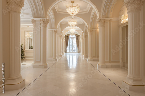 A Spacious and Serene Ivory-Colored Hallway Interior with Classic Architecture, Soft Illumination, and Minimalist Decor for Timeless Elegance.