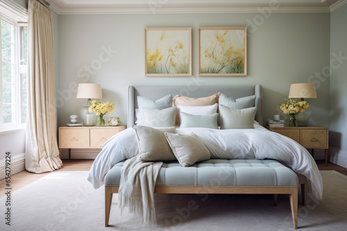 A Tranquil Retreat: Serene Bedroom Interior with Subtle Hues, Cozy Ambiance, and Soft Tones for Relaxation, Harmony, and Peaceful Comfort.