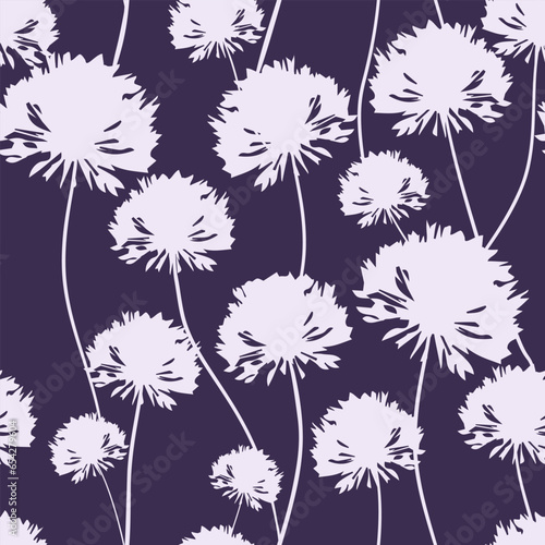 Seamless pattern of dandelions. Meadow wild flowers silhouettes on a dark background. Vector modern elegant floral design for home textiles, interiors, linens, cotton fabric, wrapping paper.