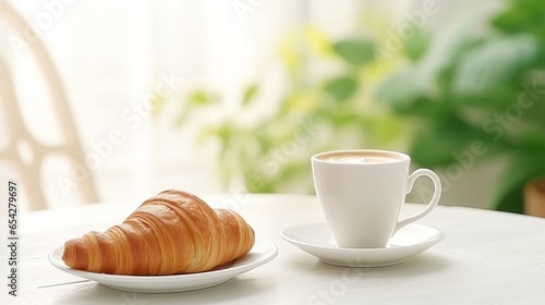 Croissant in bright white environment  with cup of coffee and milk and other croissant in blurry background. Simple and elegant breakfast setting and scene.