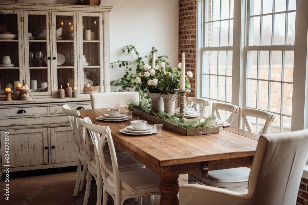 A Rustic Farmhouse Dining Room Oasis with Distressed Furniture, Vintage Accents, and Charming Farmhouse-Inspired Design.