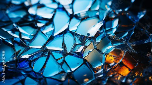 Dramatic close-up of shattered glass displaying numerous fractures and imperfections.