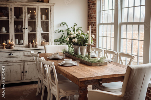 A Rustic Farmhouse Dining Room Oasis with Distressed Furniture, Vintage Accents, and Charming Farmhouse-Inspired Design. © aicandy