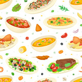 Brazilian Food and Dish Seamless Pattern Design with Served Meal Vector Template