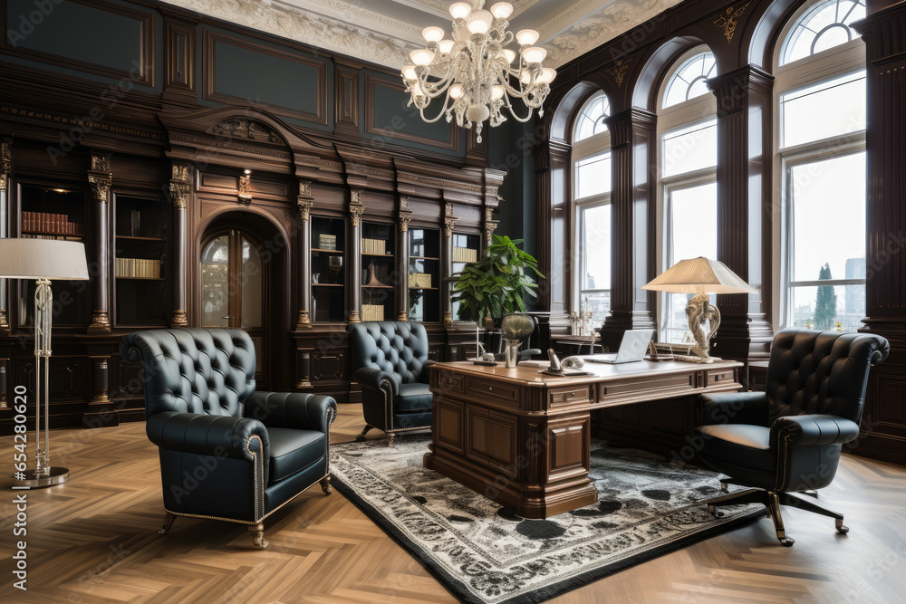 A Captivating Glimpse into a Timeless Elegance: The Sophisticated and Luxurious Interior of a Traditional-style Office Workspace.