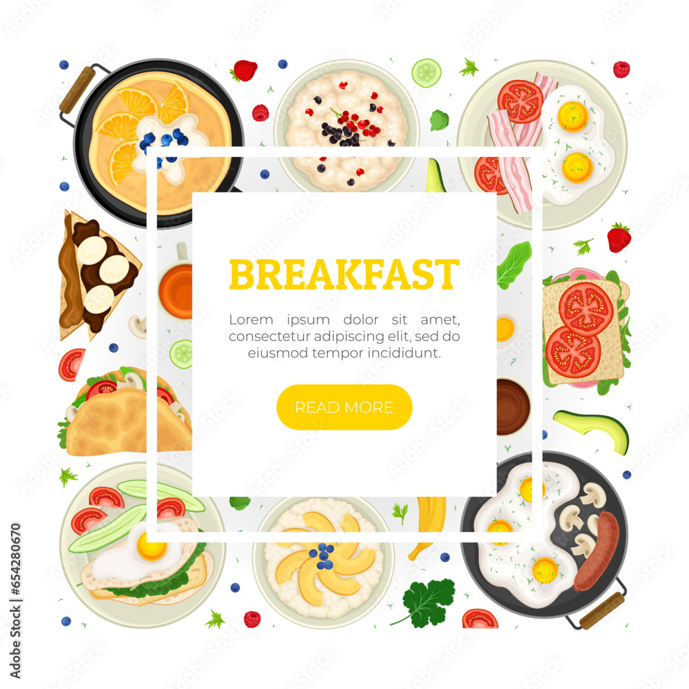 Breakfast Tasty Food Banner Design with Served Meal Vector Template