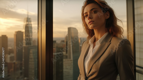 A businesswoman against the backdrop of towering office buildings