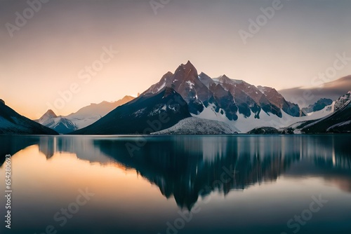 A serene reflection of a snowy mountain peak in a pristine alpine lake