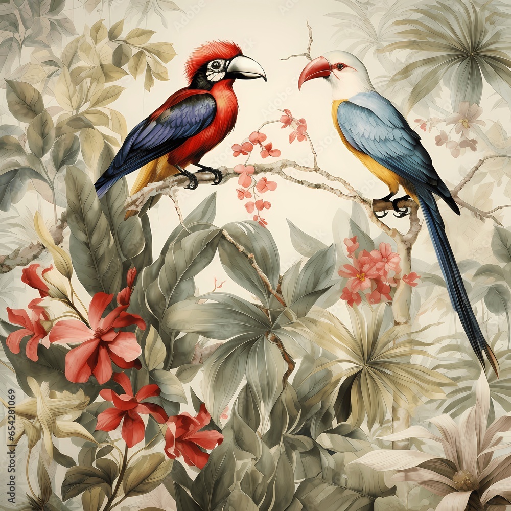 chinoiserie wallpaper art with tropical forest ,tropical bird and fancy botanical with watercolor style