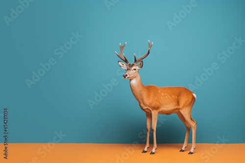 One full body male deer on coloured background.