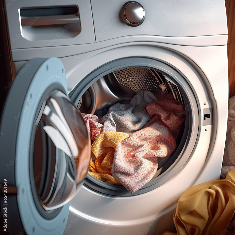 Modern washing machine and laundry basket near white wall, text space. Bathroom interior.Background Modern washing machine and laundry basket near white wall, text space. Bathroom interior.Background