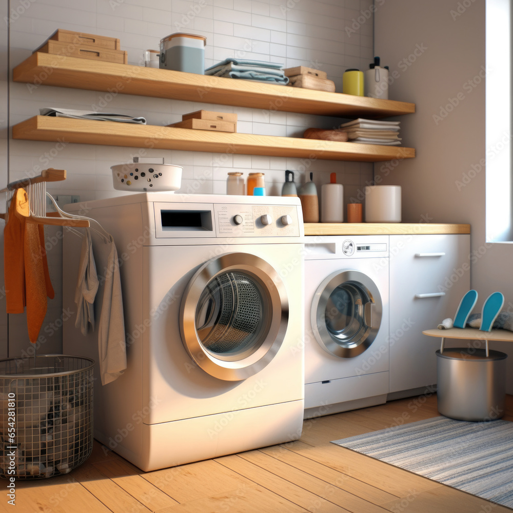 Modern washing machine and laundry basket near white wall, text space. Bathroom interior.Background Modern washing machine and laundry basket near white wall, text space. Bathroom interior.Background
