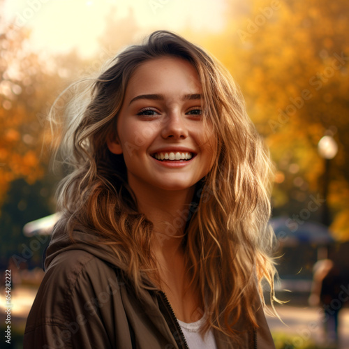 a woman smiling in the park