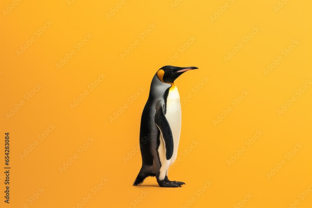 Fototapeta premium One full penguin on coloured background. Side view.