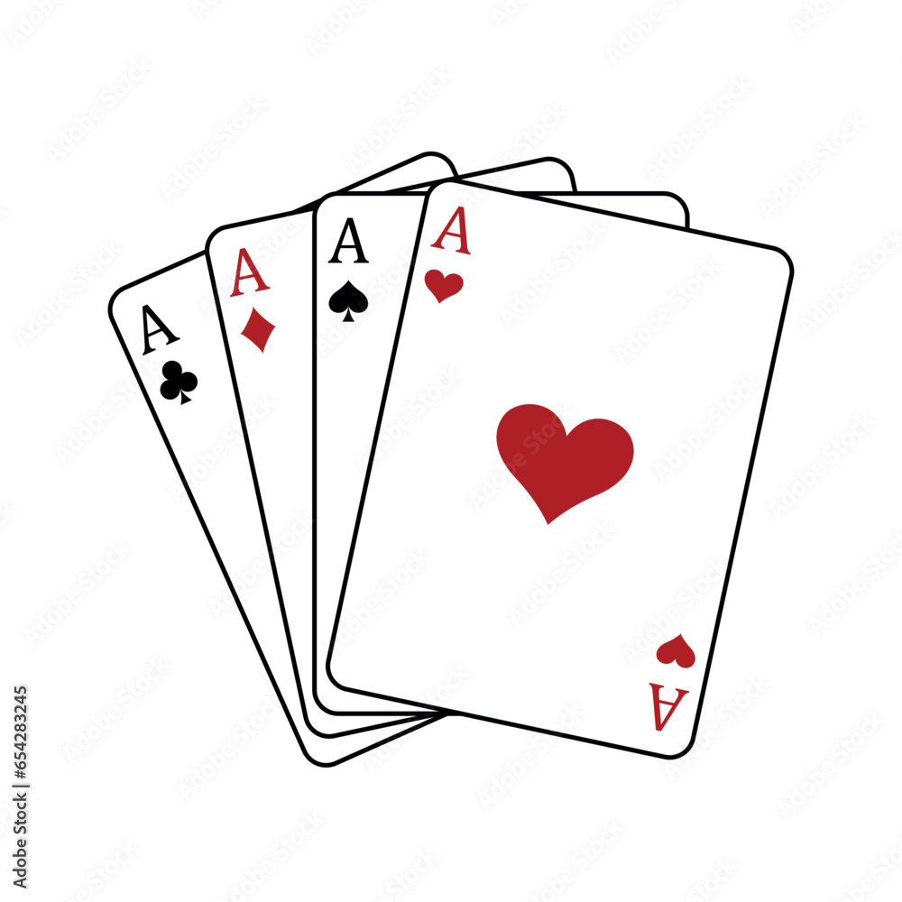 Four aces playing cards - Four Of A Kind poker hand, Ace of Hearts, Spades, Clubs and Diamonds card, vector illustration Four aces playing cards - Four Of A Kind poker hand, Ace of Hearts, Spades, Clubs and Diamonds card, vector illustration