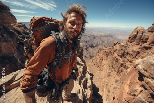 Normate man travel, climb mountains and take selfies photo