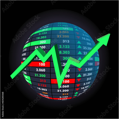 rising stock market prices with rising green arrow graph on stock trading globe, business graph green stock market arrow growing pointing upwards on global economic graph icon