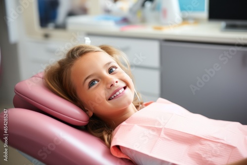 A cute healthy child dentist lies down to receive dentist treatment in a clinic. AI generative photo