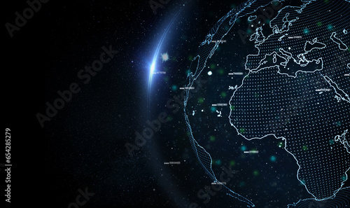 Hologram earth, planet and star by dark background for global network, mockup space and lens flare. Holographic world, overlay and futuristic light with digital transformation on technology abstract