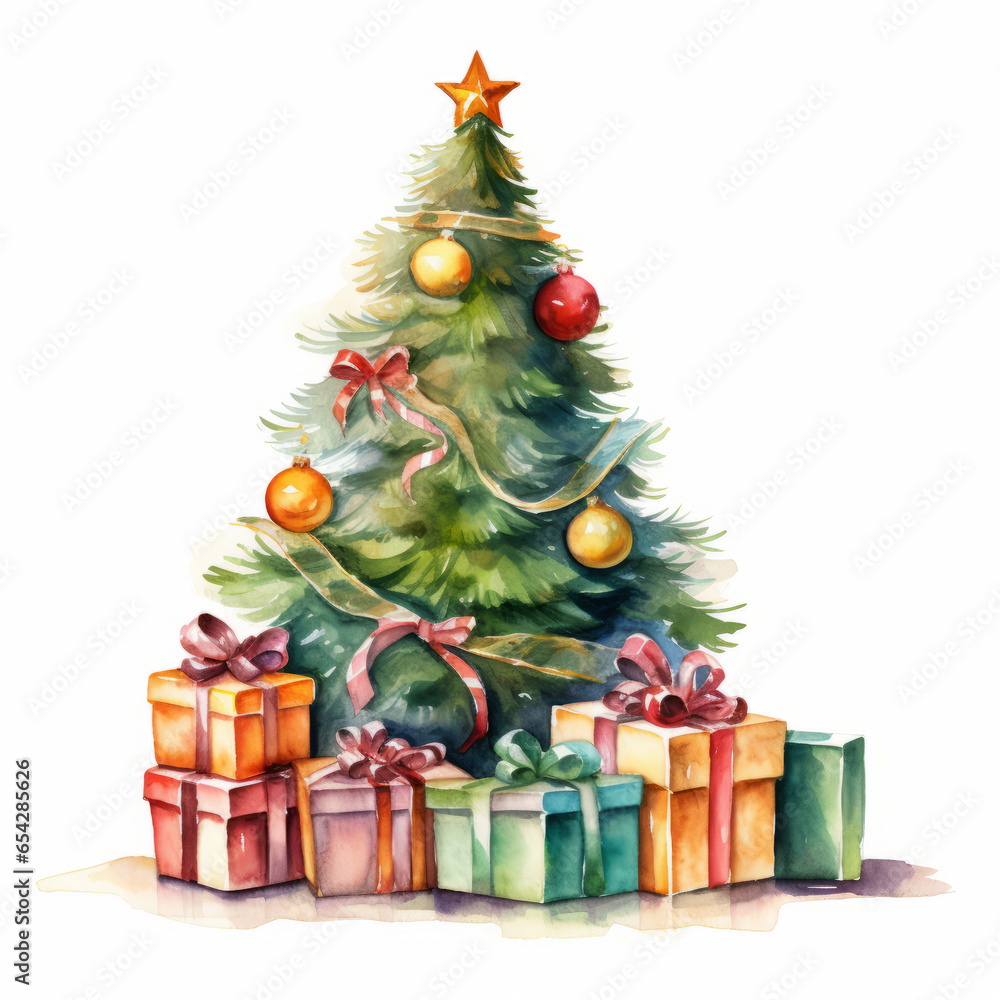 Christmas card with a watercolor tree and gifts. Illustration for postcards Christmas card with a watercolor tree and gifts. Illustration for postcards