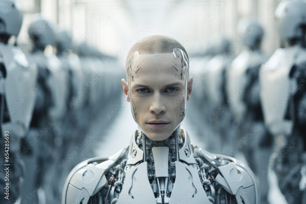 Humanoid robots like humans in the industrial factory. AI generated. Humanoid robots like humans in the industrial factory. AI generated.
