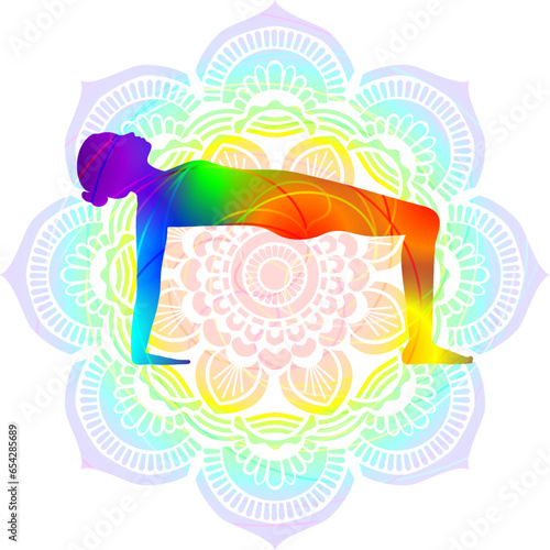 Colorful silhouette yoga posture. Reverse Table pose or Reverse Table Top position or Crab posture. Ardha Purvottanasana or Chatush Pada Pitham. Isolated vector illustration. Mandala background.