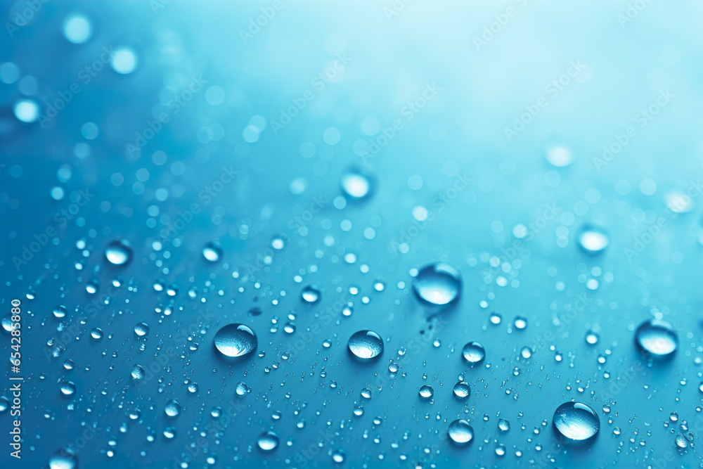 Transparent water drops on blue background. Realistic liquid. Abstract backdrop. Empty, copy space for text. Transparent water drops on blue background. Realistic liquid. Abstract backdrop. Empty, copy space for text.