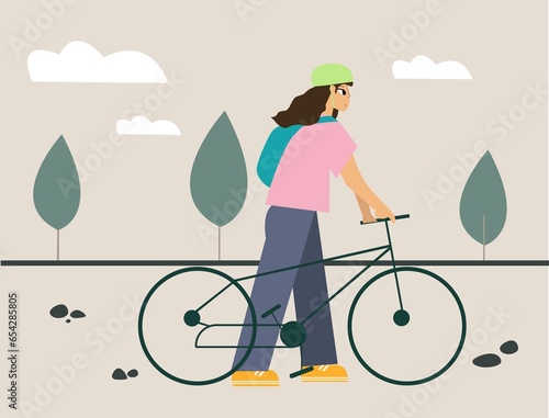 Autumn illustration girl  ride on bike.