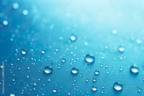 Transparent water drops on blue background. Realistic liquid. Abstract backdrop. Empty, copy space for text.