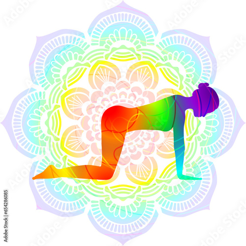 Colorful silhouette yoga posture. Box pose or Table pose. Chakravakasana. Arm Leg Support and Neutral. Isolated vector illustration. Mandala background.