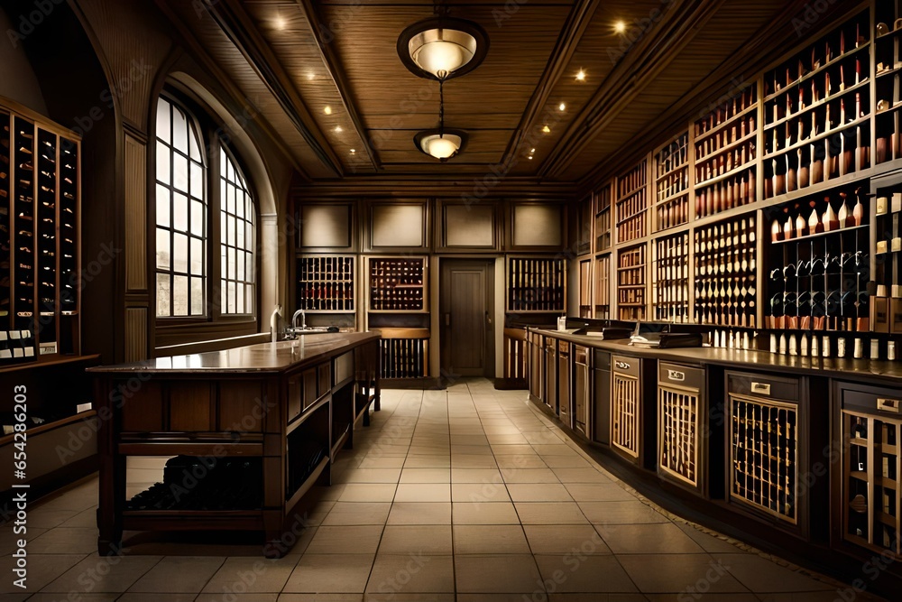 An elegant wine cellar with vintage bottles and tasting area