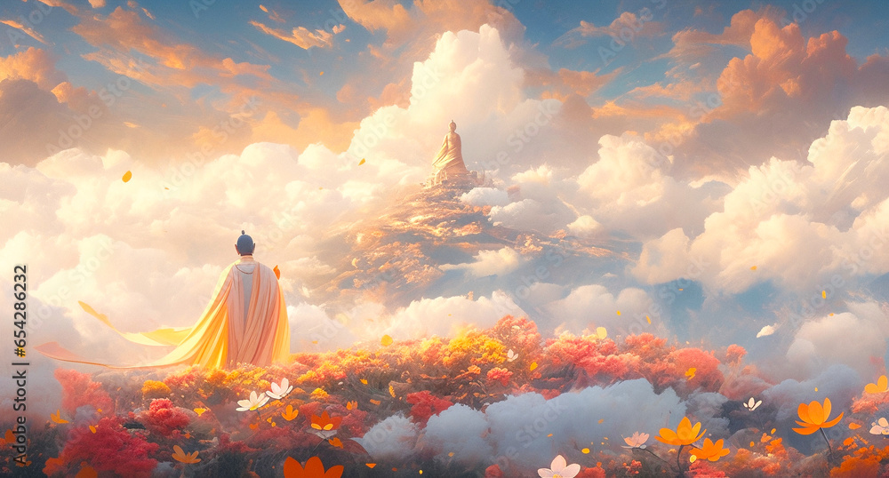 Path to Bliss: Buddhism Practitioner, Nirvana, Enlightenment, and the Heavenly Realms of Sukhavati - obrazy, fototapety, plakaty 