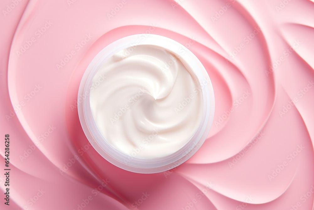 White cosmetic cream jar, top view and pink wavy surface. Skin care product presentation. Skincare, beauty. Face creme, body lotion, moisturizer. White cosmetic cream jar, top view and pink wavy surface. Skin care product presentation. Skincare, beauty. Face creme, body lotion, moisturizer.