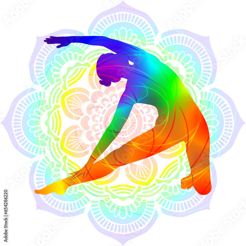 Colorful silhouette yoga posture. Gate pose or Beam pose. Parighasana. Arm Leg Support and Lateral Bend. Isolated vector illustration. Mandala background.